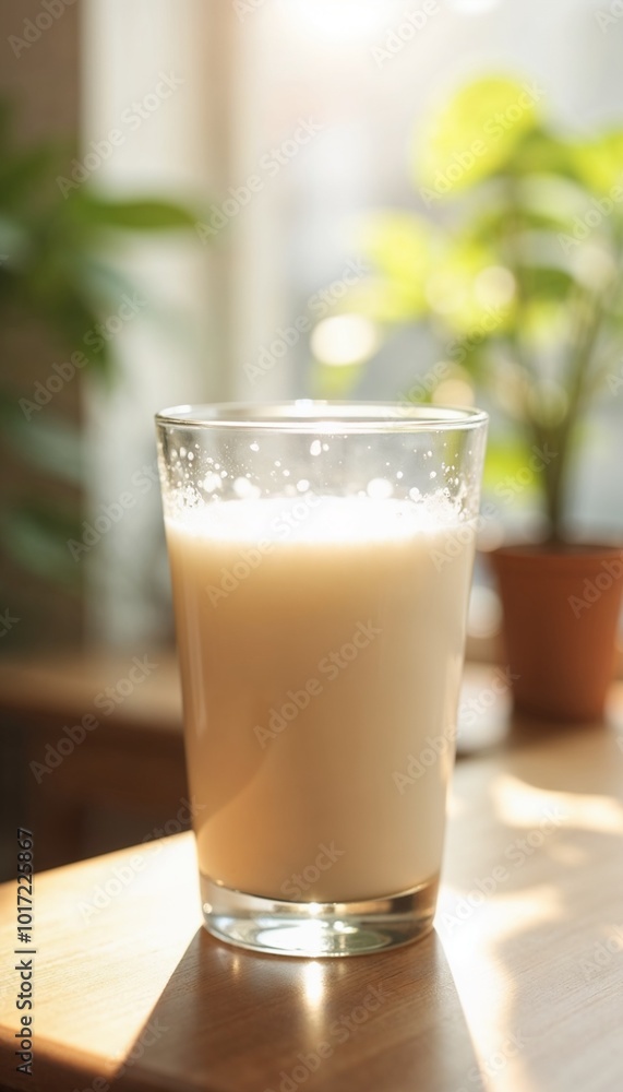 Glass of milk on a wooden table with soft sunlight and greenery in the background Glass of milk on a wooden table with soft sunlight and greenery in the background