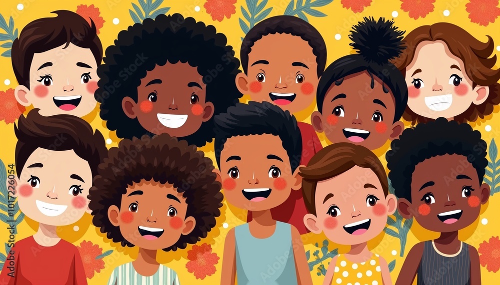 Children's faces illustration background featuring happy and diverse kids framed by colorful patterns Children's faces illustration background featuring happy and diverse kids framed by colorful patterns