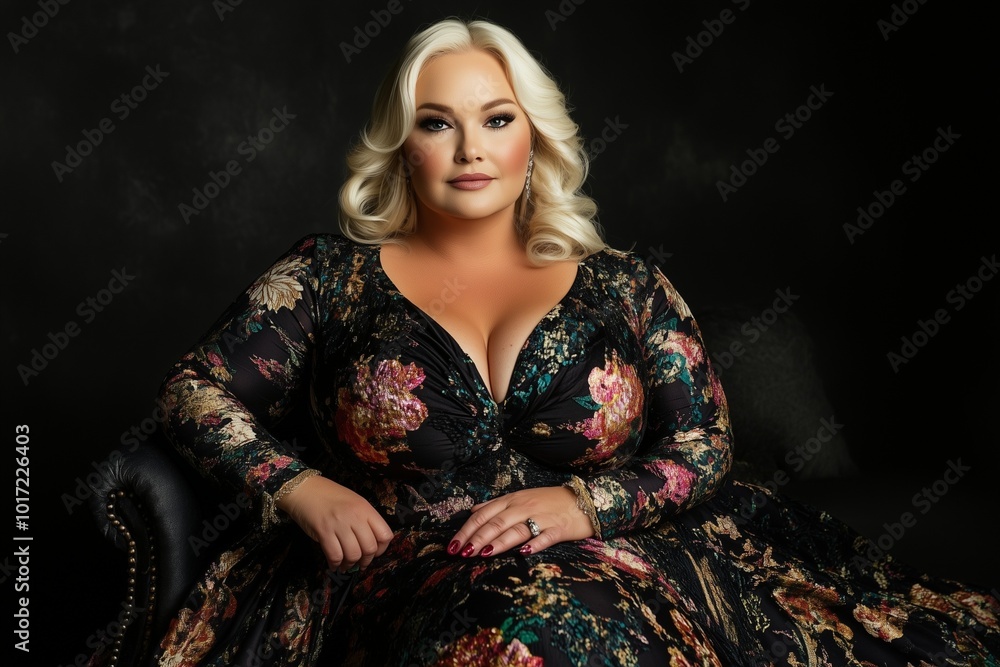 Elegant Plus-Size Woman in Floral Dress Posing in Studio Elegant Plus-Size Woman in Floral Dress Posing in Studio