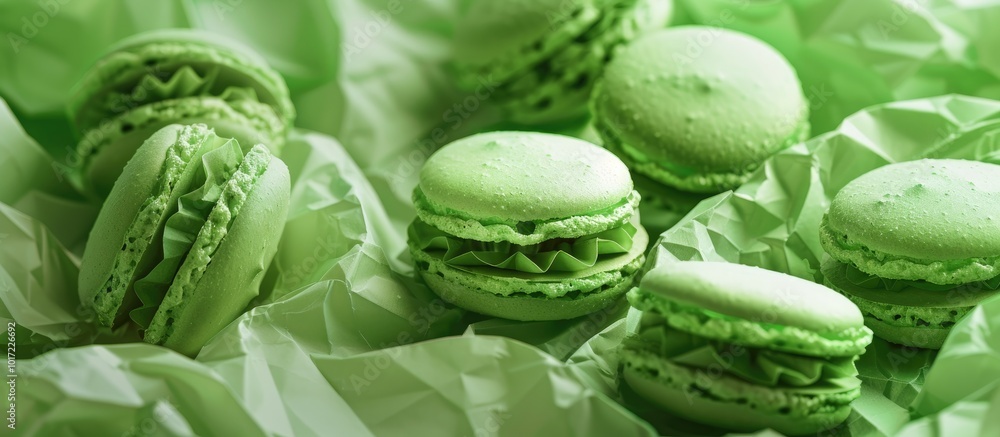 Vibrant Green Macaroon in Paper Wrapping Close Up Vibrant Green Macaroon in Paper Wrapping Close Up