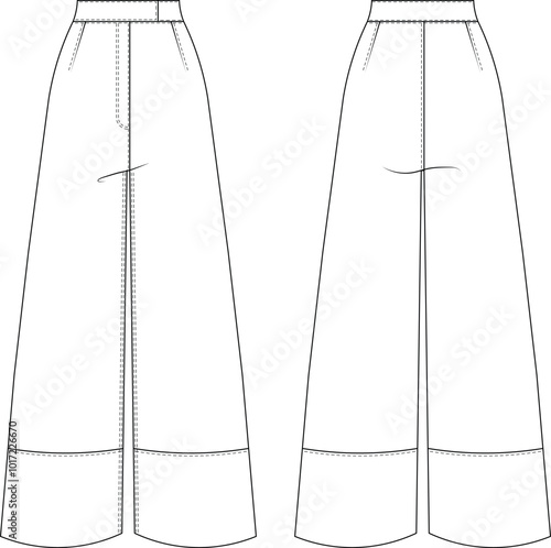  high rise high waist wide leg palazzo pant trouser template technical drawing flat sketch cad mockup fashion woman design style model
