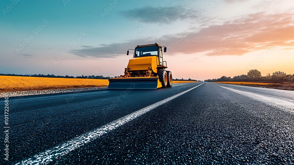 Yellow Roller on Freshly Paved Road at Sunset Yellow Roller on Freshly Paved Road at Sunset