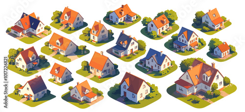 residential houses isometric. private buildings 3d set, exterior architecture suburb settlement street vector illustration