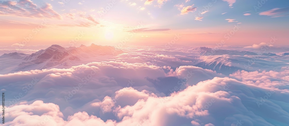 Aerial view of a stunning winter mountain landscape with ethereal morning clouds illuminated by sunlight Aerial view of a stunning winter mountain landscape with ethereal morning clouds illuminated by sunlight