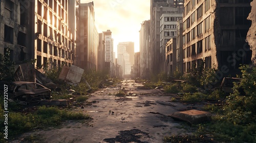 A desolate urban landscape overgrown with vegetation, showcasing nature reclaiming a once-bustling city.