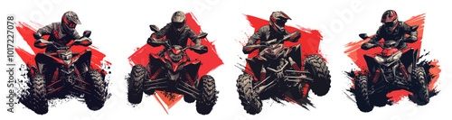 rider on quad bike. ATV moto rider, racer motorcyclist extreme sport splashes dirt motor helmet off-road drive on red background vector illustration photo