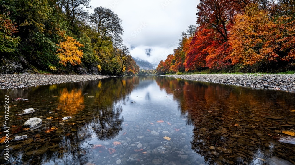 A quiet riverbank surrounded by trees in full autumn colors, with a light drizzle falling and the water reflecting the moody grey sky A quiet riverbank surrounded by trees in full autumn colors, with a light drizzle falling and the water reflecting the moody grey sky