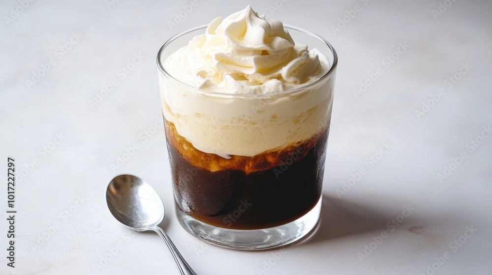 A tumbler of iced coffee with a swirl of cream on top. On a white table, a spoon is placed next to the glass. A tumbler of iced coffee with a swirl of cream on top. On a white table, a spoon is placed next to the glass.