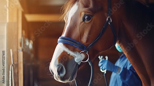 Anatomy of horses respiratory system lungs and airways equine vet using diagnostic equipment stable environment with horses photo