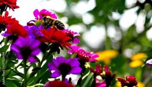 A bee buzzing between flowers in a vibrant flower garden while sun rays filter through the branches
 photo