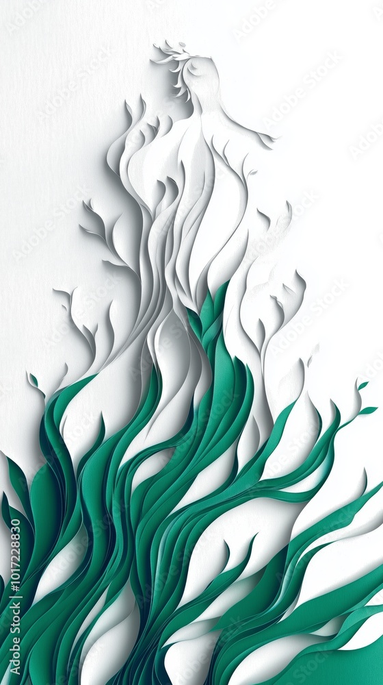 Artistic paper cutout of a figure surrounded by flowing leaves and plants. Artistic paper cutout of a figure surrounded by flowing leaves and plants.