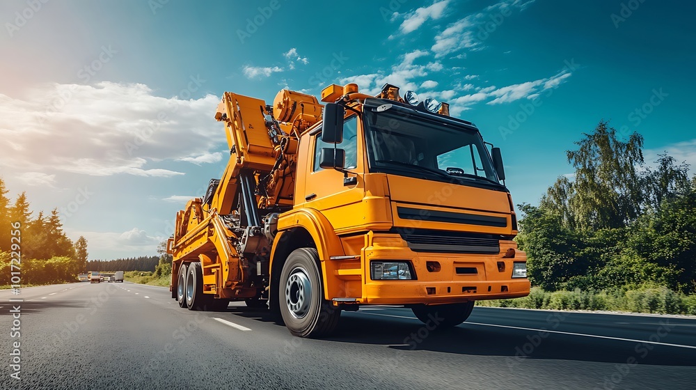 Yellow Crane Truck on a Highway Yellow Crane Truck on a Highway