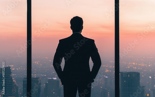 Silhouette of businessman at sunset window