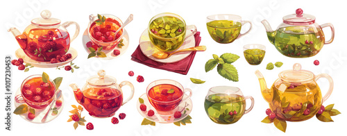 tea set. hot drink with berries in teapot and mug, leafy brewed herbal red green raspberry cranberry mint service cartoon vector illustration