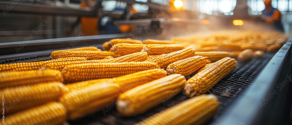 A conveyor belt with a large number of yellow corn on it. The corn is being processed A conveyor belt with a large number of yellow corn on it. The corn is being processed