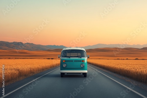 Exploring Serenity A Retro Van Journey Through Golden Fields at Sunset