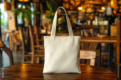 Wallpaper Mural White blank Eco Cotton Tote Bag mockup with coffee shop background Torontodigital.ca