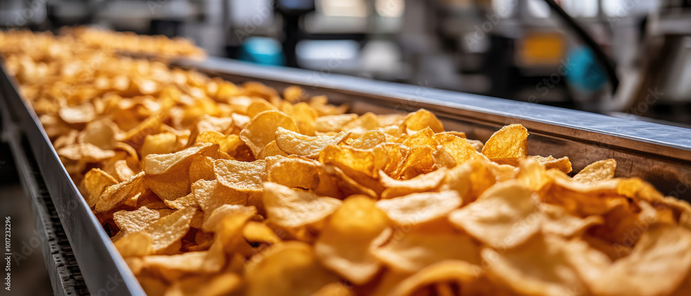 A conveyor belt with a pile of chips on it. The chips are golden brown and appear to be potato chips A conveyor belt with a pile of chips on it. The chips are golden brown and appear to be potato chips