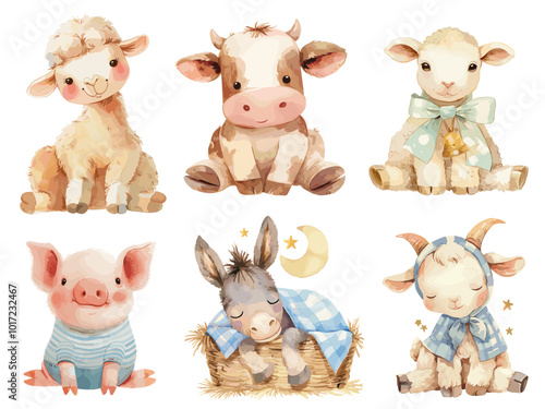 Watercolor farm animals. Cartoon cute nursery sitting sleeping baby cow sheep llama pig donkey goat set vector illustration