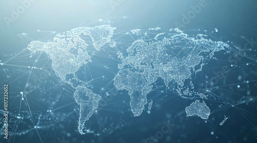 A light blue background with a digital world map and global network connections, representing