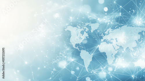 A light blue background with a digital world map and global network connections, representing