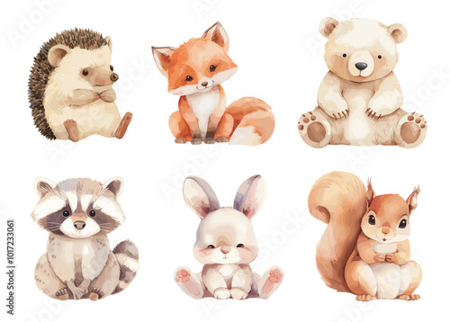 Watercolor forest animals. Cartoon cute nursery baby fox hedgehog bear racoon bunny rabbit squirrel set vector illustration