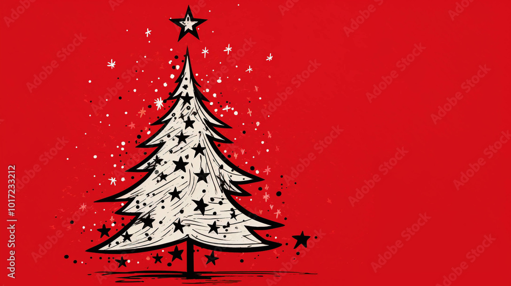 Christmas art tree, freehand one black line ink drawing in minimalist style on a red background with silver stars Christmas art tree, freehand one black line ink drawing in minimalist style on a red background with silver stars
