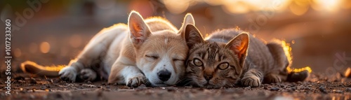 Cats and dogs playing together, candid moments, vibrant colors, photography, joyful, detailed