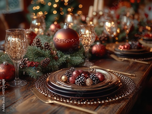 festive christmas dinner table elegantly set with sparkling decorations, gleaming cutlery, and charming holiday toys, a cozy winter holiday ambiance inviting loved ones to gather