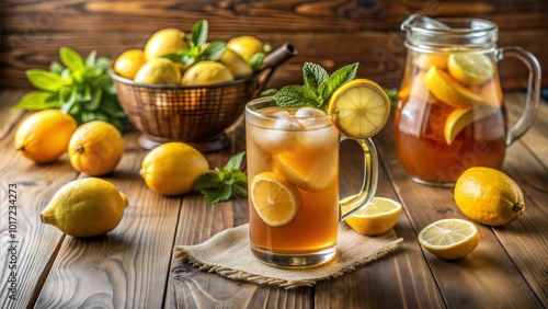 Refreshing iced lemon tea with fresh lemons on wooden table