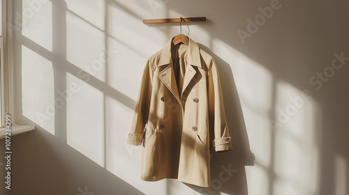 Beige trench coat hanging on a wall with soft sunlight through a window