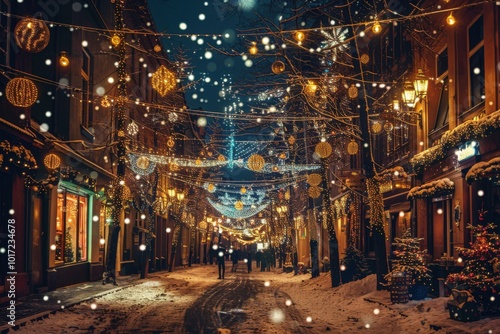 A street is lit up with Christmas lights and decorations, generative ai image