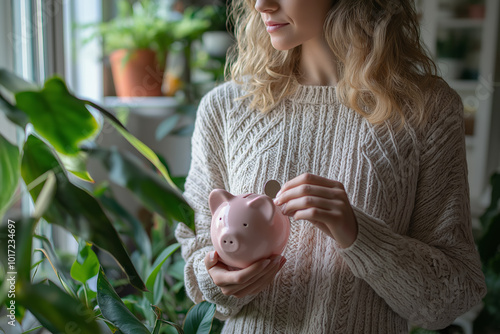 Young Caucasian woman in cozy sweater holding piggy bank by window, symbolizing savings and financial planning. Surrounded by houseplants in a bright home setting photo