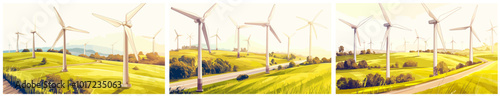 Wind power plant background. Eco friendly green energy, blades summer field landscape vector illustration