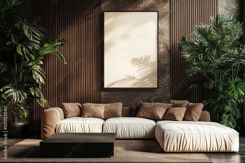Poster mockup with vertical frame on empty dark wall in modern living room interior Poster mockup with vertical frame on empty dark wall in modern living room interior