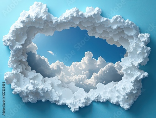 fluffy white clouds beautifully cut out to create a three-dimensional effect, floating against a bright blue sky background, symbolizing freedom and tranquility in a whimsical, playful manner photo