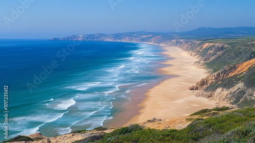 Summer Atlantic coastline, Amoreira beach, Algarve, Portugal