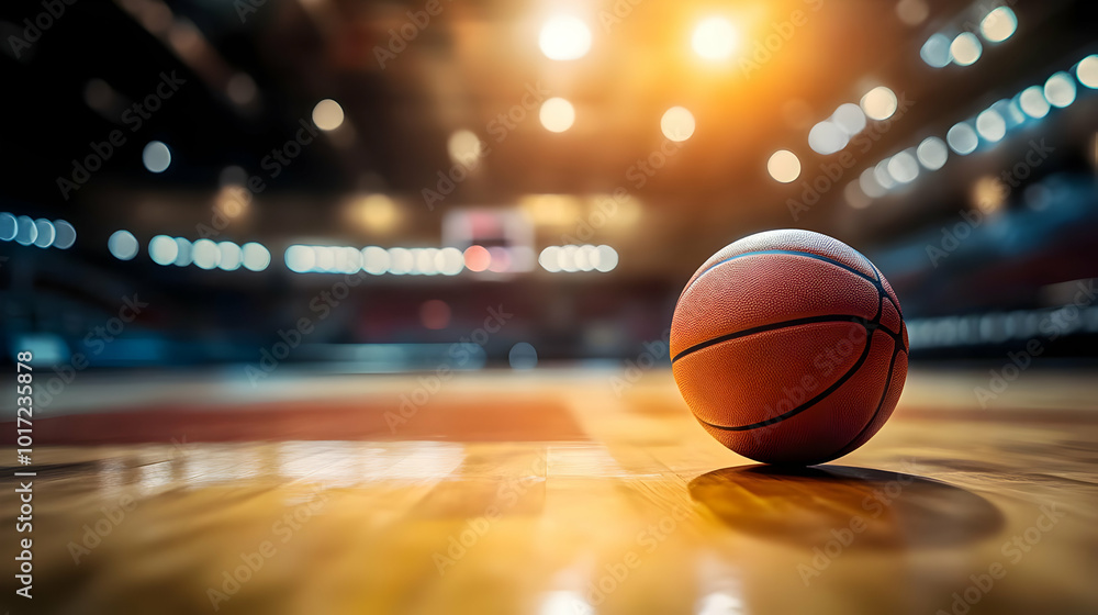 A basketball rests on a polished court, illuminated by soft lighting. A basketball rests on a polished court, illuminated by soft lighting.