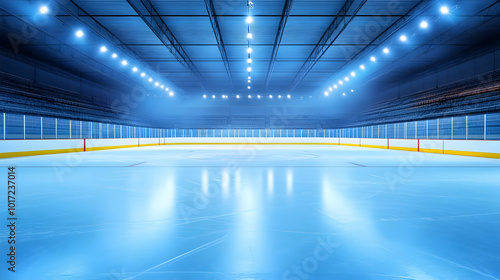 A brightly lit ice hockey rink ready for a game.