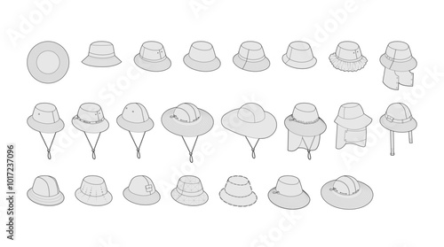 Set of Bucket Hats - Mini Ruffle, Refined Weatherproof Modular, Adjustable Sahara Outdoor Garden, Luxury Plush Transition Fisherman, Padded. Head Fashion accessory cap clothing technical illustration.