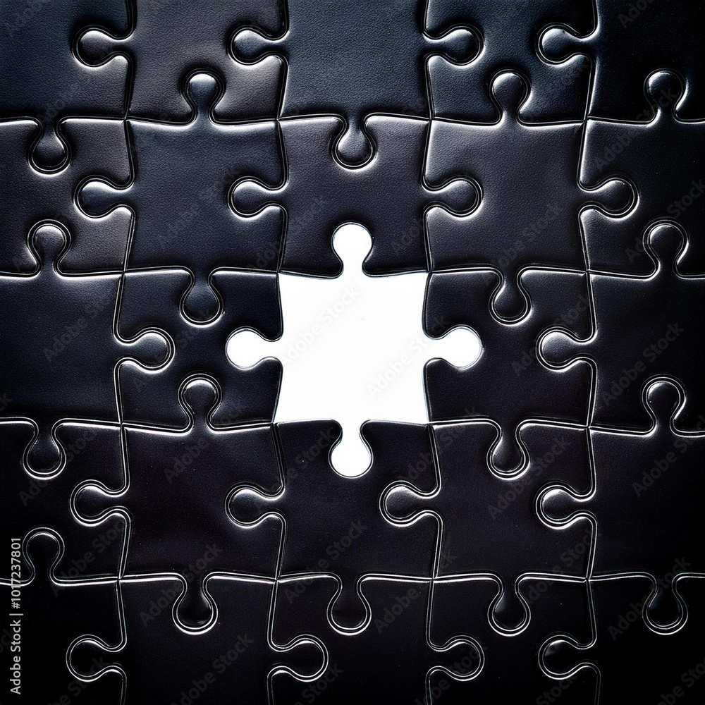 Jigsaw puzzle with solid black pieces and one white in the center symbolizing yin and yang Jigsaw puzzle with solid black pieces and one white in the center symbolizing yin and yang