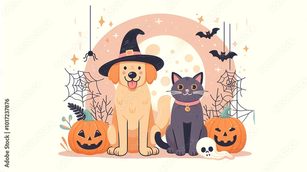 Dog and Cat in Halloween Witch Hat with Pumpkins and Spider Webs Dog and Cat in Halloween Witch Hat with Pumpkins and Spider Webs