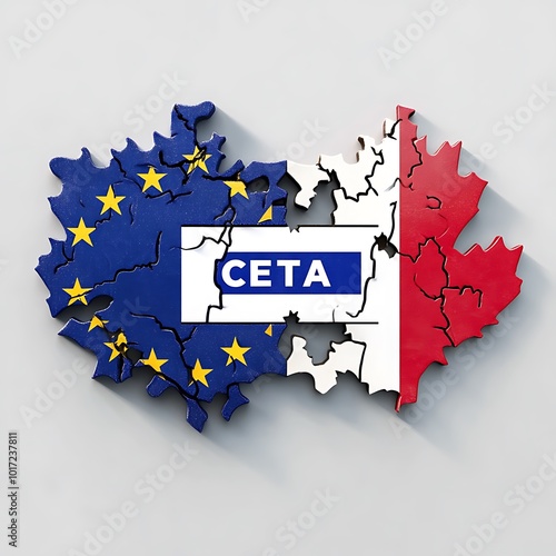 A stylized map illustrating the CETA trade agreement, featuring the EU and Canada flags. photo