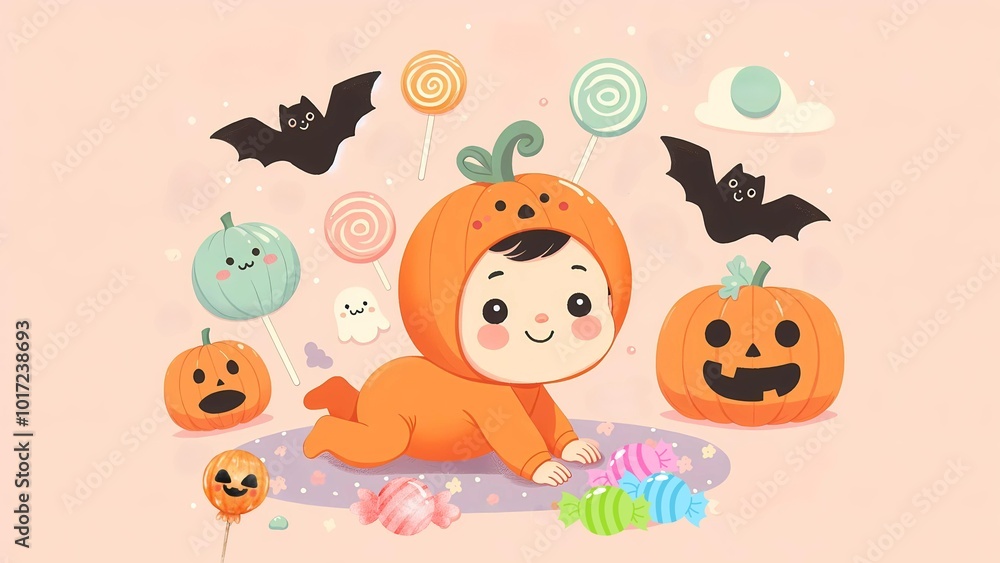 Fototapeta premium Baby in Pumpkin Costume with Halloween Bats, Pumpkins, and Candy