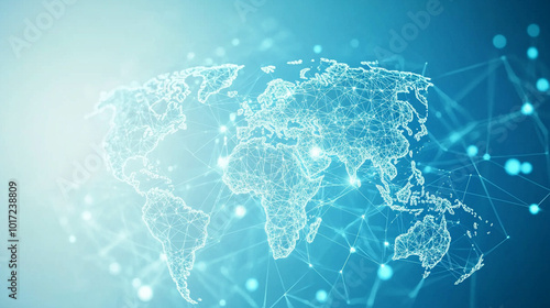 A light blue background with a digital world map and global network connections