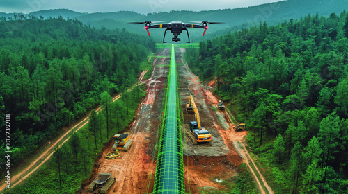 Aerial Drone Survey of Pipeline Construction Site Using LiDAR Technology with Green Grid Overlay Capturing Detailed Topographic Data for Infrastructure Mapping and Terrain Analysis