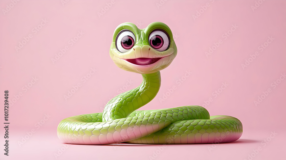 A cheerful cartoon snake with big eyes on a pink background. A cheerful cartoon snake with big eyes on a pink background.