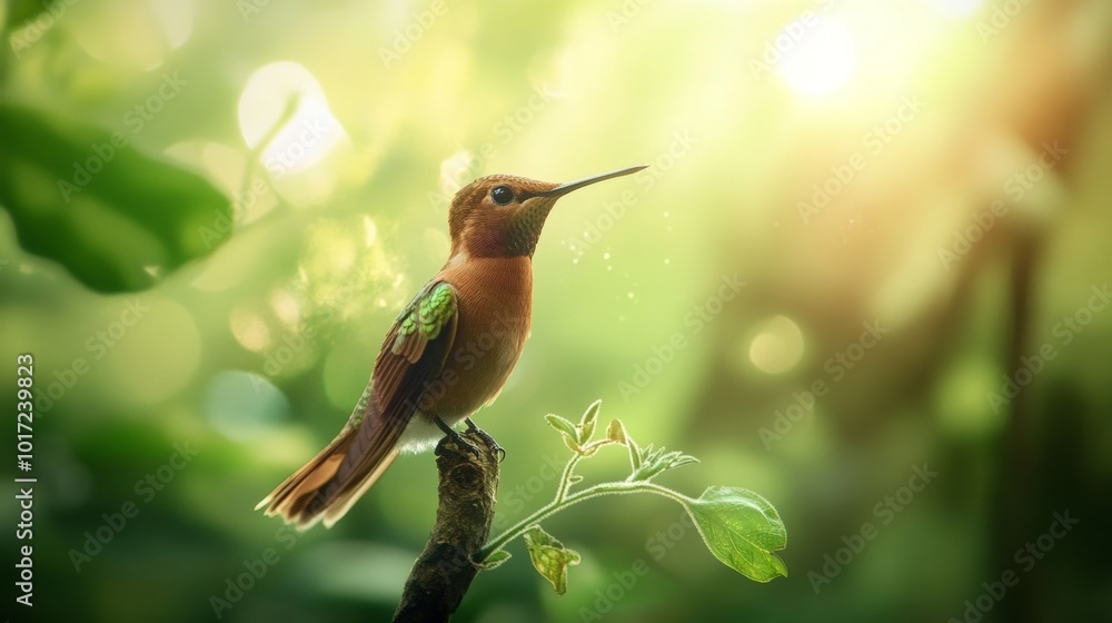 Perched hummingbird, blurry background. Perched hummingbird, blurry background.