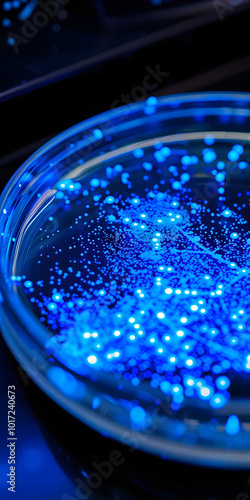 Placa de Petri com culturas de bactérias fluorescentes