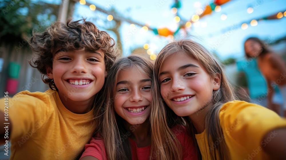Three kids smiling for selfie. Perfect for websites promoting youth, friendship, and fun. Three kids smiling for selfie. Perfect for websites promoting youth, friendship, and fun.